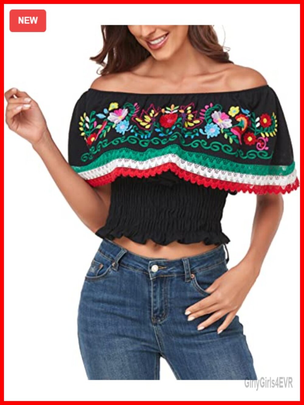 Women Mexican Embroidered Off Shoulder Peasant Top Cotton Short Sleeve